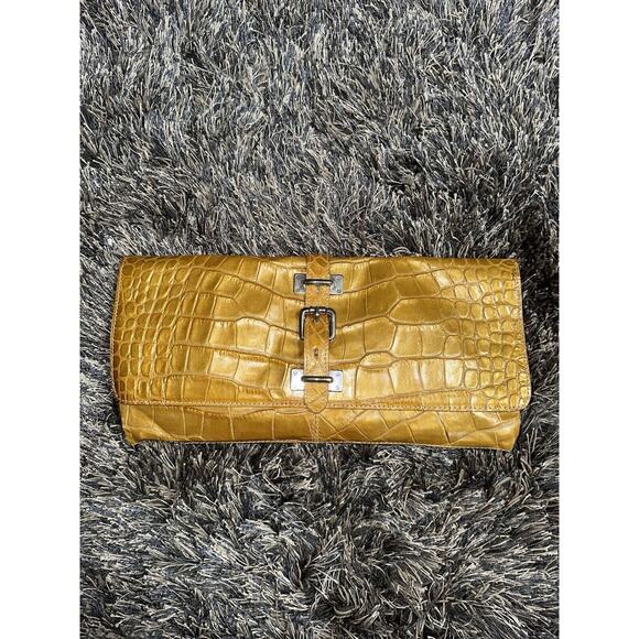 Claudia Firenze Mustard Leather Croc Embossed Leather Shoulder/Clutch Purse EUC - Picture 1 of 10